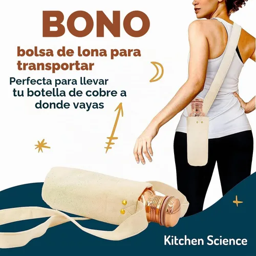 Vista 2 de Kitchen Science - Botella de agua de cobre martillado de 34 onzas / 33.8 fl oz con bolsa de transporte, a prueba de fugas, resistente, probada