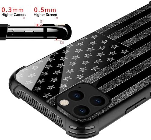 Vista 2 de ZHEGAILIAN Funda compatible con iPhone 12/12 Pro, bandera estadounidense en blanco y negro, parte trasera de vidrio templado + funda híbrida de TPU