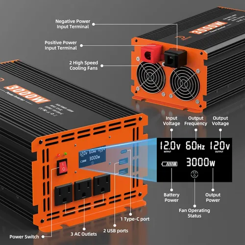 Vista 3 de Inversor de corriente de 3000 W de 12 V CC a 110 V/120 V CA convertidor para RV/camión/barco/campamento/inversor de energía solar fuera de la red