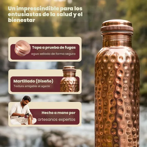 Vista 2 de Botella de agua de cobre puro para beber, probada en laboratorio, vaso 100% puro, botella de cobre ayurvédico martillado, 34 onzas