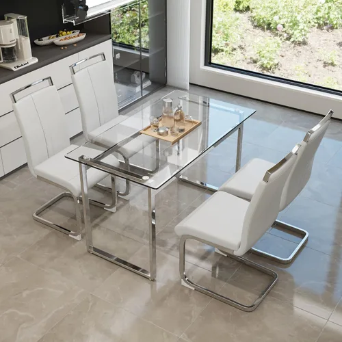 Vista 11 de Juego de mesa de comedor de cristal moderno para 4, juego de mesa de cocina rectangular, juego de mesa de comedor de 5 piezas con 1 mesa de vidrio