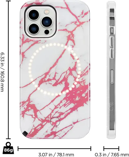 Vista 8 de LuMee Halo - Funda iluminada para selfie para iPhone 13 Pro Max - Iluminación LED ajustable incorporada - 6.7 pulgadas - Mármol blanco metálico rosa