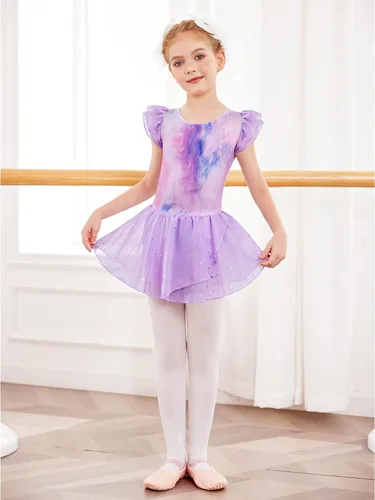 Vista 5 de Arshiner Vestido de ballet para niñas, con mangas con holanes y leotardo con falda tutú