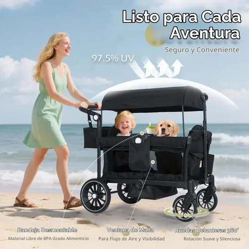 Vista 3 de Kinder King Cochecito Wagon para 2 niños, barra de empuje/tracción Negro