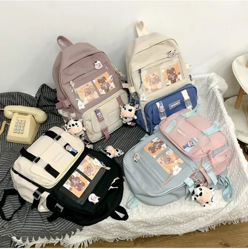 Vista 6 de Kawaii - Mochila estética para laptop, bolsa escolar de gran capacidad, bonita mochila de 17 pulgadas para niñas con insignia y colgante, Negro