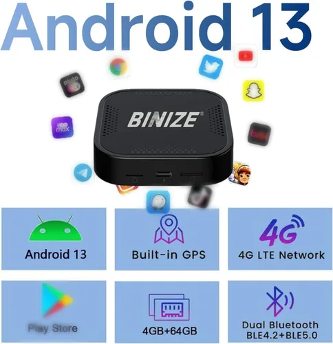 Vista 3 de Binize - Caja de Video Multimedia Inalámbrica CarPlay y Android AUTO, Celular 4G, 4GB+64GB, 8 Núcleos, Navegación Integrada Android 13, Soporte SIM