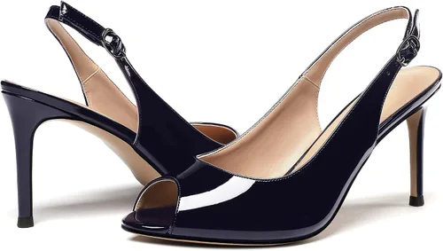 Vista 6 de WAYDERNS Zapatos de vestir de tacón alto con correa al tobillo y puntera abierta, de charol y tacón alto, bonitos zapatos de vestir de 3.5 pulgadas