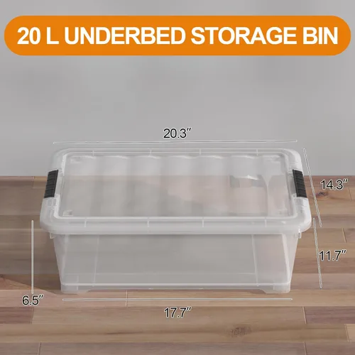 Vista 3 de Saedy 4 paquetes de plástico bajo la cama caja de almacenamiento poco profunda con ruedas 20 L Bajo el contenedor de cama con tapas