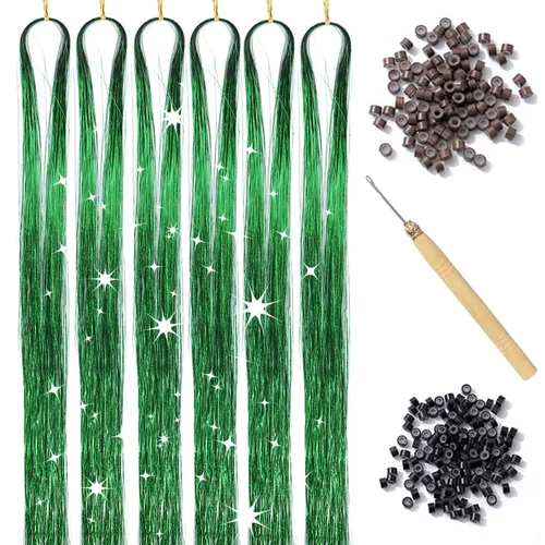 Vista 15 de Kit de oropel de cabello negro con herramienta, 6 piezas, 1200 hebras de extensiones de cabello de oropel con purpurina, resistentes al calor