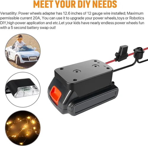 Vista 2 de Adaptador de rueda eléctrica con fusible e interruptor, adaptador de batería seguro para batería de litio de 20 V MAX, con cable de calibre 12, buen