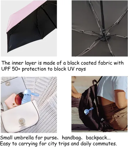 Vista 5 de Pumi-geous Mini paraguas de viaje para lluvia, compacto, protección UV, ligero, plegable, portátil, pequeño paraguas para bolso, mochila de coche
