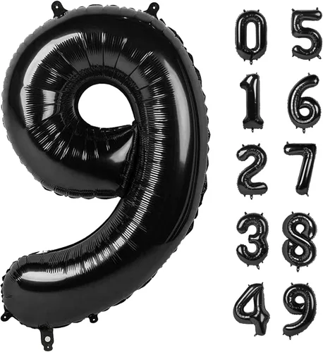 Vista 24 de Globo negro de 40 pulgadas con números del 0 al 9 (cero-nueve), globo de cumpleaños de gran tamaño, globo de helio de aluminio con números grandes