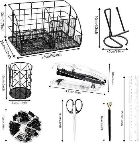 Vista 2 de KAAKOW Organizadores de Escritorio Negros y Accesorios Juego de Suministros de Oficina Grapadora, Portabolígrafos, Soporte para Teléfono, Tijeras