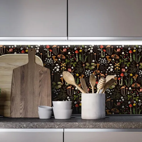 Vista 4 de Papel de contacto Boho negro de despegar y pegar con diseño de setas/caracoles/flores silvestres/mariposas, papel pintado extraíble decorativo