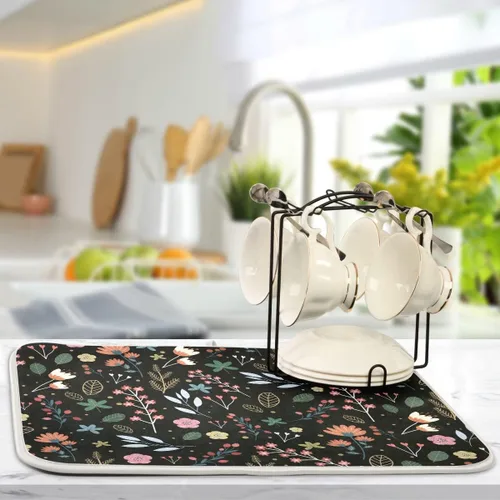 Vista 5 de Tapete de secado de platos de flores de fondo negro para encimera de cocina de 18 x 24 pulgadas, tapete de microfibra absorbente, tapete de secado