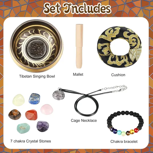 Vista 3 de BBTO Juego de cuencos tibetanos cantores para curación de 3.4 pulgadas, cuenco de baño con sonido de meditación, 7 piezas de piedras de cristal