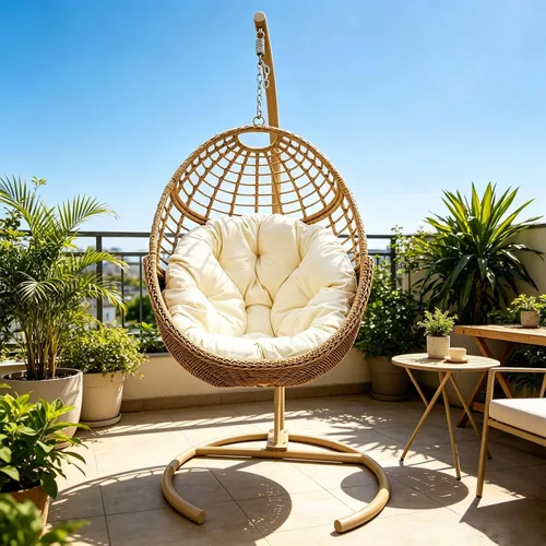 Vista 4 de Silla columpio colgante con soporte, hamaca de mimbre de polietileno, cojín desmontable suave, resistente 350 libras, interior y exterior