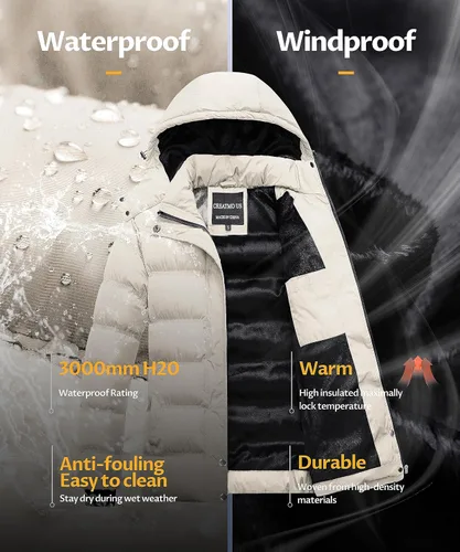 Vista 5 de CREATMO US Abrigo de invierno cálido para mujer, chaqueta de esquí impermeable acolchada con capucha desmontable