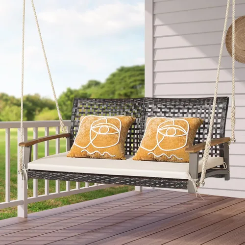 Vista 2 de Happygrill Silla oscilante de ratán para porche de 2 asientos, banco oscilante de mimbre para exteriores con cojín de asiento y reposabrazos