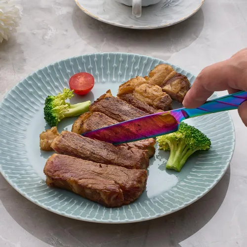 Vista 3 de Juego de cuchillos de cena arcoíris, cuchillo de carne arcoíris brillante de acero inoxidable para mesa, juego de 6 cuchillos de 23.37 cm