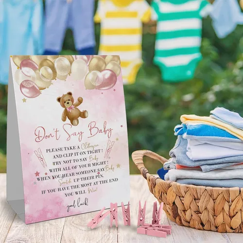 Vista 2 de Cartel de juego Don't Say Baby Clothespin (1 letrero + 50 mini pinzas para la ropa), juego de decoración de baby shower con globo de oso rosa rosa