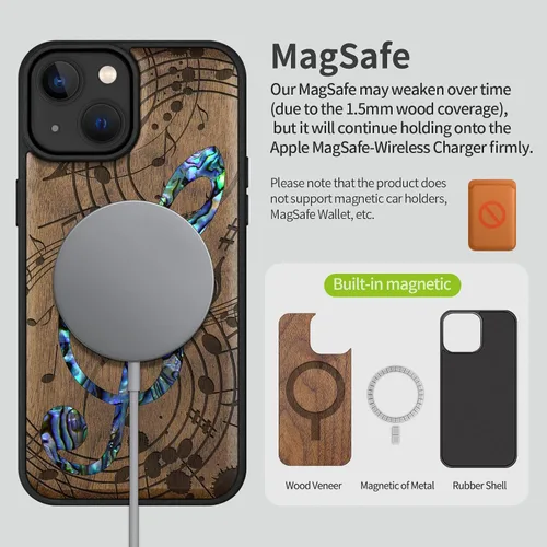 Vista 5 de Carveit Funda magnética protectora de madera de diseñador para iPhone 14 [grabado en madera e incrustaciones de carcasa] funda de madera compatible