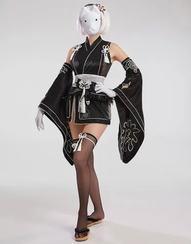 Vista 4 de miccostumes Disfraz de cosplay para mujer, conjunto de kimono negro con medias y banda para el cabello