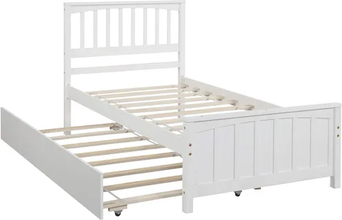 Vista 3 de Base de cama individual con nido, cama de plataforma individual con nido extraíble, marco de cama de plataforma doble de madera con cabecera