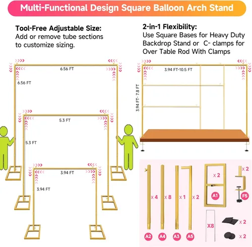 Vista 2 de Soporte Cuadrado para Telón de Fondo, Arco de Boda Soporte Ajustable Resistente, Soporte de Barra Sobre la Mesa con Abrazaderas, Marco de Globo