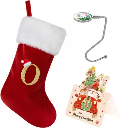 Vista 21 de Calcetines de Navidad personalizados con monograma, con inicial familiar, 20 pulgadas, puño de felpa blanca supersuave con cuerpo de terciopelo rojo
