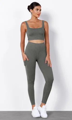 Vista 4 de ODODOS Leggings sin costuras para mujer con bolsillos, cintura alta, lavado ácido, acanalado, pantalones de yoga para gimnasio y entrenamiento