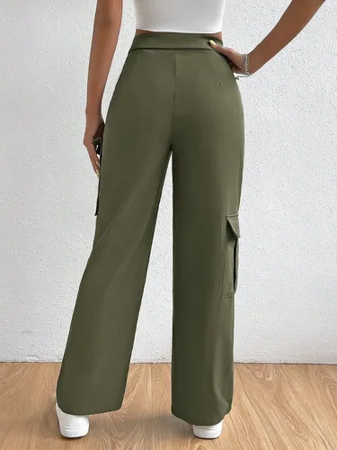 Vista 2 de WDIRARA Pantalones cargo largos de cintura alta con botones y bolsillos para mujer
