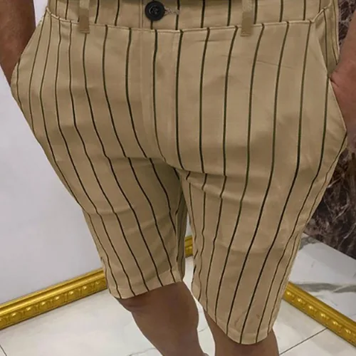 Vista 2 de Pantalones cortos de algodón para hombre, a rayas, con bolsillo, con cremallera, pantalones cortos de verano de ajuste clásico