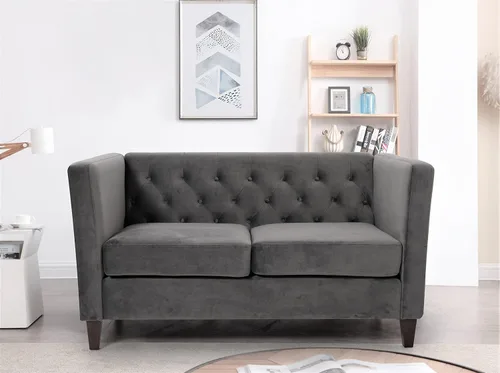 Vista 2 de Container Furniture Direct Muebles clásicos con capitoné y modernos para sala de estar, sofá universitario con relleno, cómodo sofá biplaza de Gris