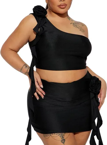 Vista 5 de Azhong Vestido de dos piezas con volantes para mujer, con borlas florales 3D, sin mangas, con un hombro, ombliguera entallada, mini falda camisola