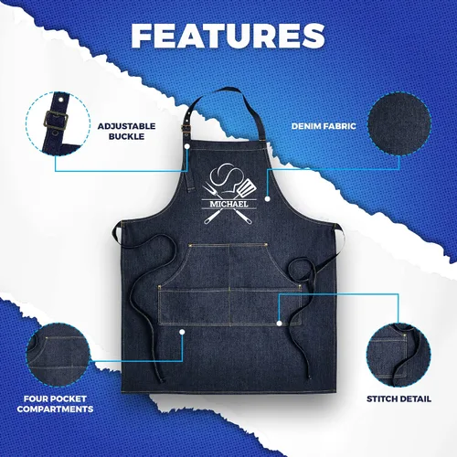 Vista 2 de Delantal personalizado para hombres y mujeres Delantal de chef de mezclilla personalizado con bolsillos Regalos de cocina personalizados