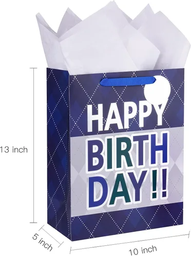 Vista 5 de Loveinside Bolsa de regalo a cuadros azul marino con texto en inglés «Happy Birthday» impresa, tamaño mediano con papel de seda, etiqueta, tarjeta