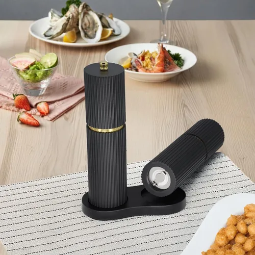 Vista 8 de Juego de molinillo de sal y pimienta de madera con detalles dorados, molinillo de sal y pimienta con grosor ajustable, molinillo de pimienta