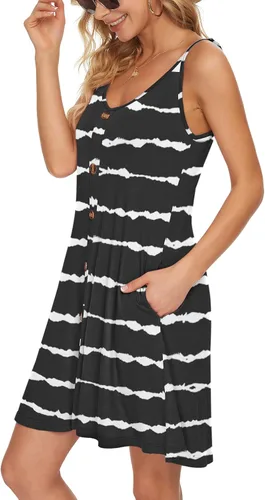 Vista 3 de MISFAY Vestido de verano para mujer, con tirantes delgados, botones, cuello en V, sin mangas, informal, salida de baño para playa, con bolsillos