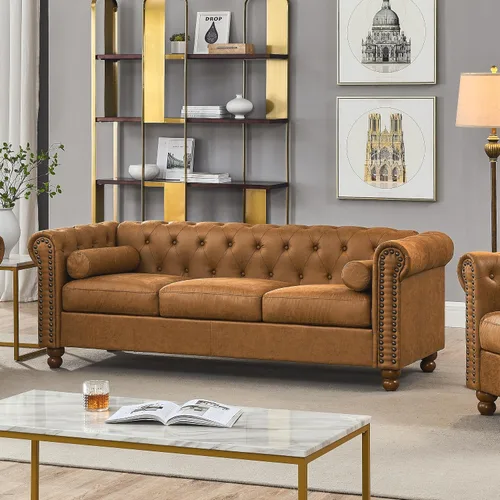Vista 11 de Sofá de dos plazas de cuero aireado capitonado, sofá de brazo enrollado con adornos de cabeza de clavo y 2 almohadas de cuello enrollado, decoración