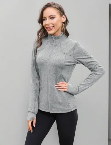 Vista 6 de COZZYON Chaqueta deportiva con cremallera completa para mujer, ligera, para yoga, entrenamiento, pista, con cremallera y agujeros para el pulgar