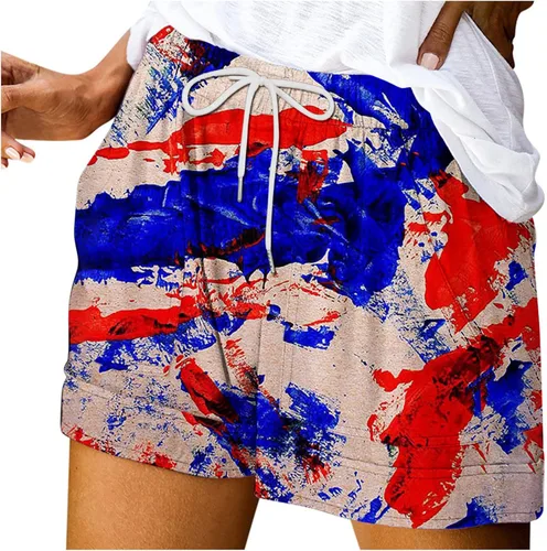 Vista 5 de Pantalones cortos para mujer del 4 de julio con estampado de la bandera estadounidense con cordón elástico en la cintura para fiesta en los Estados