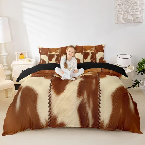 Vista 4 de Juego de ropa de cama con estampado de piel de vaca para niños, juego de funda de edredón con patrón de piel de vaca, juego de funda de edredón