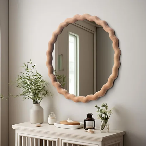 Vista 6 de Espejo de pared irregular, espejo redondo de madera, espejo de tocador único, espejo de baño moderno de madera natural de 18 pulgadas para baño