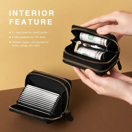 Vista 3 de Vulkitty Cartera elegante de piel con bloqueo RFID para mujer, cartera delgada con capacidad para hasta 14 tarjetas y dinero en efectivo, Negro