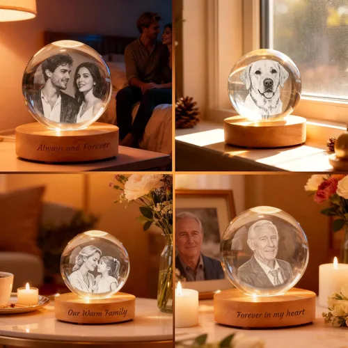 Vista 5 de Lámpara de bola de fotos de cristal 3D personalizada, regalo conmemorativo personalizado para recuerdo de Navidad, globo de cristal grabado
