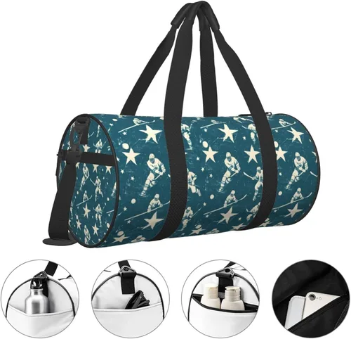 Vista 3 de Large Duffle Bag for Travel - Retro Hockey Players Print Gym Bag for Women Men, Travel Foldable Bags for Women Men with Zippered Multiple Pockets