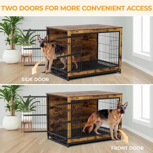 Vista 3 de TLSUNNY Muebles de jaula para perros, 44.1 pulgadas de madera para interiores con 2 puertas, jaula resistente con bandeja extraíble, mesa auxiliar