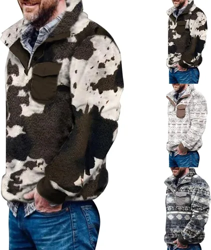 Vista 4 de Sudadera de forro polar mullido para hombre, estampado azteca, con botones, suéter cálido para hombre