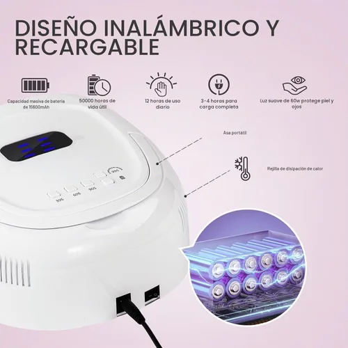 Vista 5 de Lámpara de uñas LED UV inalámbrica, secadora de uñas recargable de 60 W, luz de curado de esmalte de uñas para manicura con sensor automático y 4